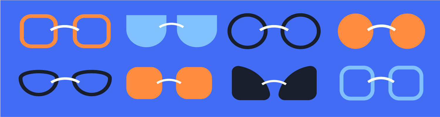 A blue background banner displaying lenses in different colors, shapes, and styles in graphics
