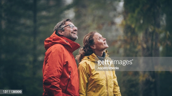 A couple gazing at the sky with the man putting on eyeglasses made with Hoya frames and revive lenses designed for everyday