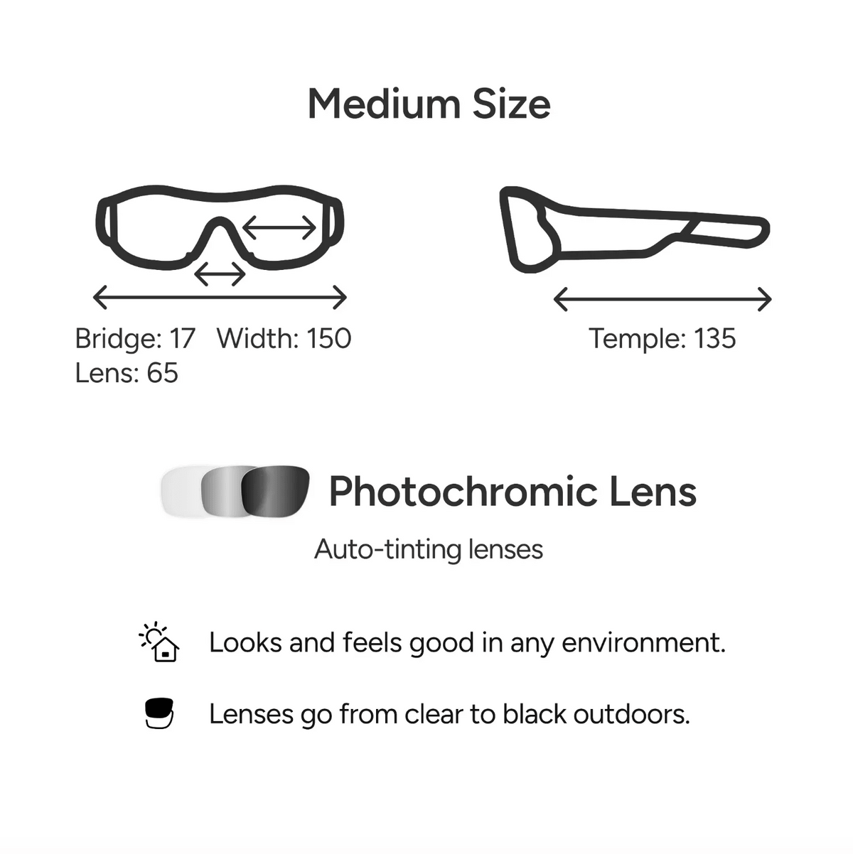 Sizing and feature diagram for a pair of sunglasses in medium size, showing front and side profile measurements for bridge, width, lens, and temple, plus a photochromic lens feature callout on a white background.