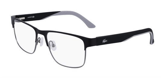 Black eyeglasses with a visible brand logo on a white background