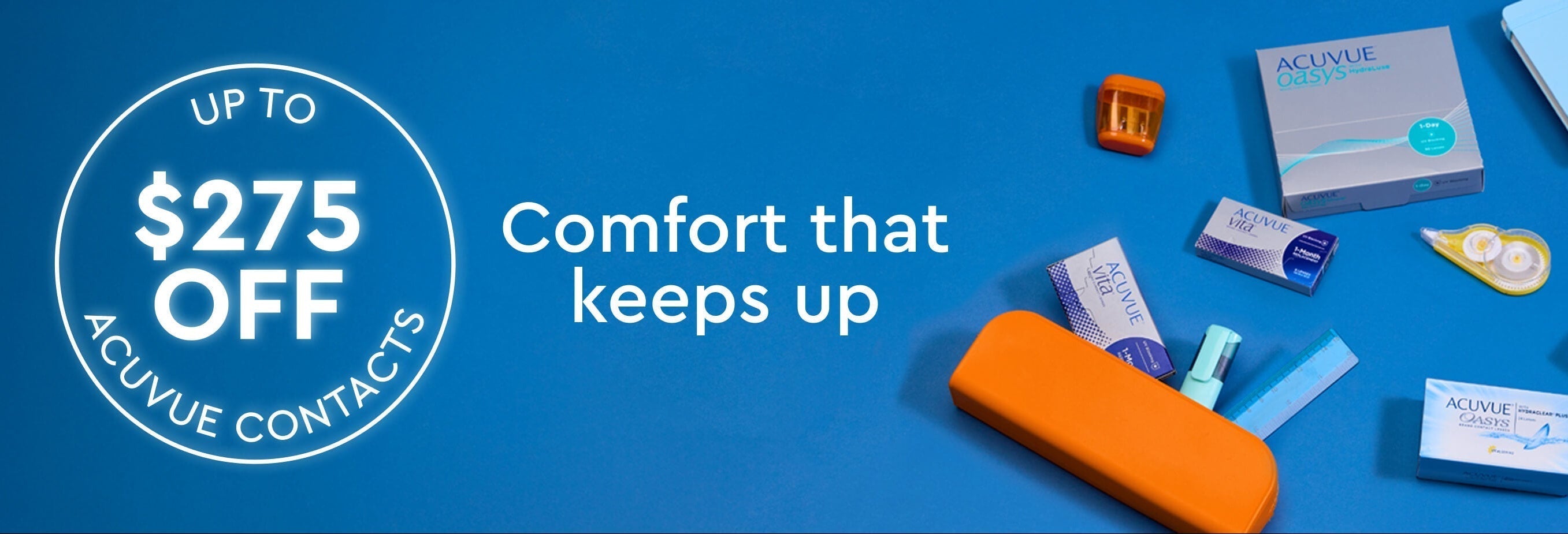 Promotional banner for Acuvue contact lenses with product packaging and a discount offer on a blue background.
