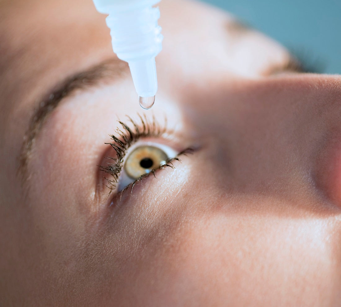 Eye receiving a drop from an eye dropper.