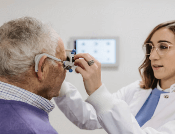 An optometrist executing an eye exam on a senior using eye technology