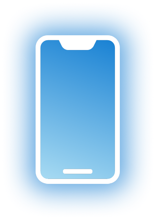 Blue and white smartphone, blue light glowing from it.